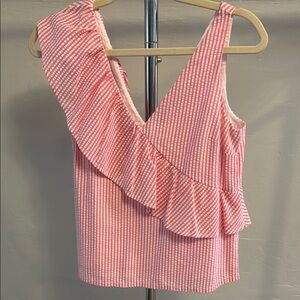 White and Pink Asymmetrical Ruffled Tank Top